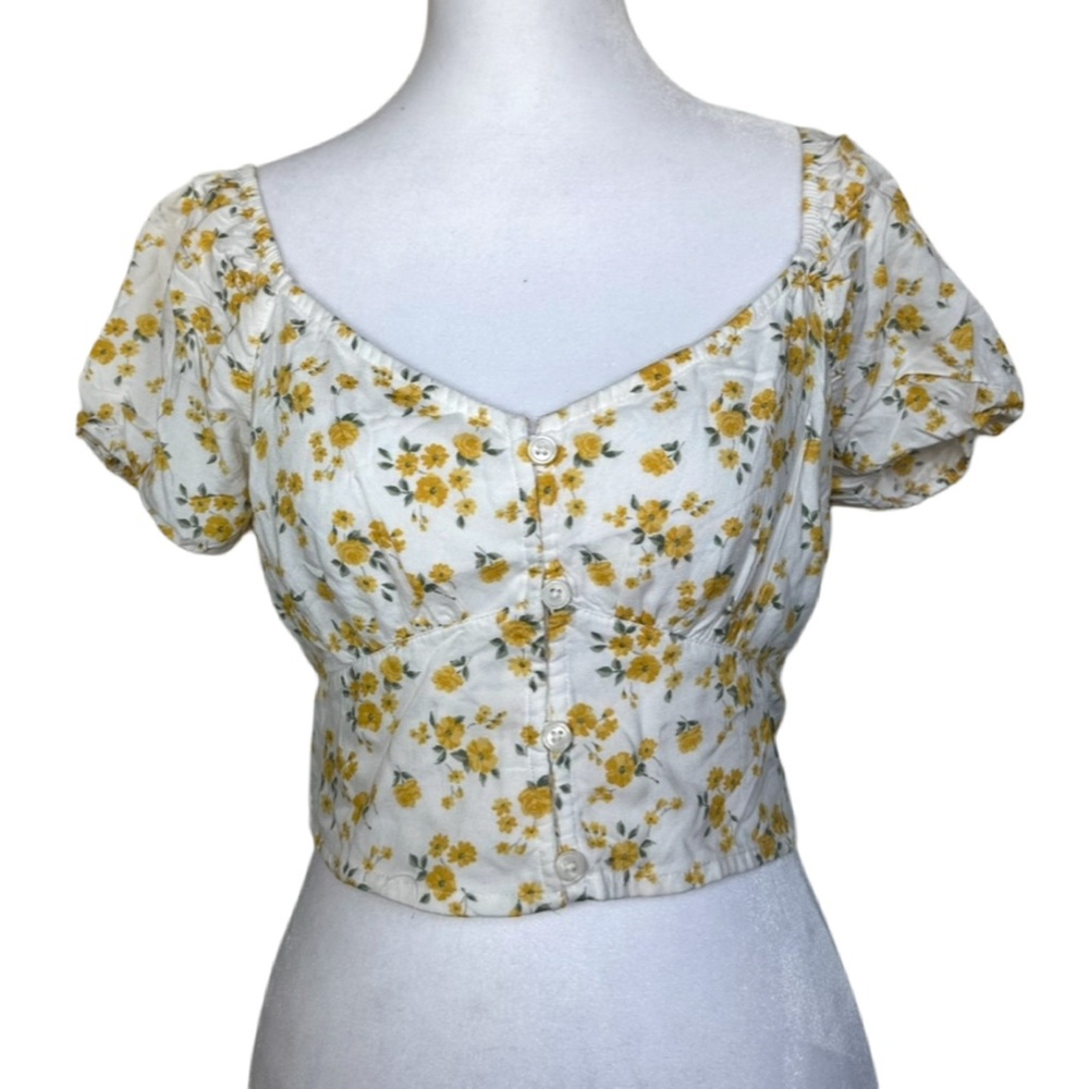 Hollister White and Yellow Ditsy Floral Cropped Blouse